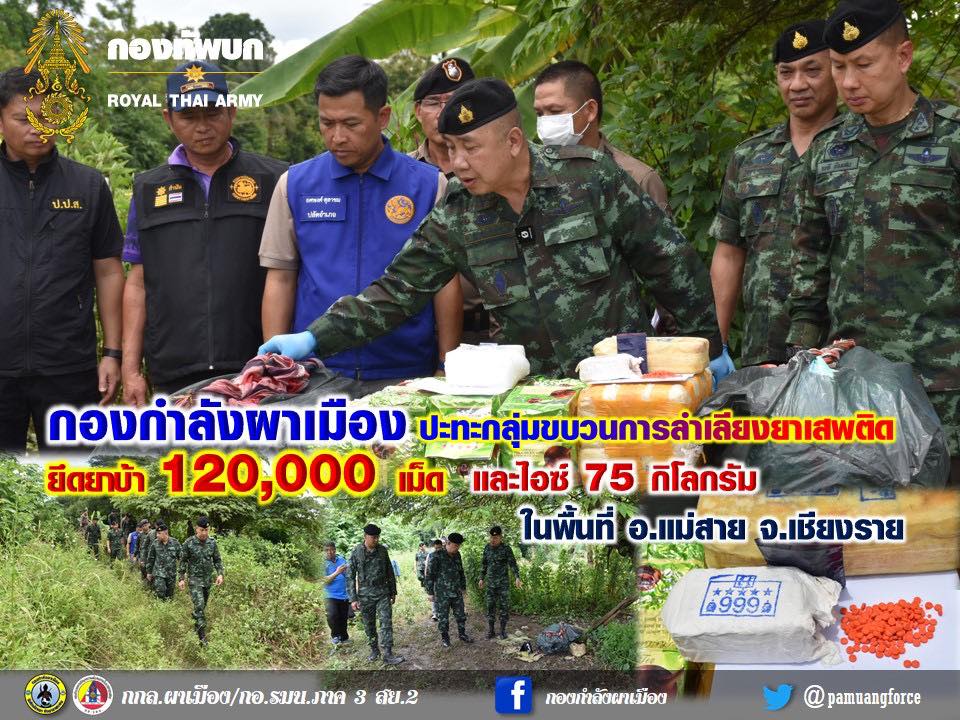 กกล.ผาเมือง ปะทะกลุ่มขบวนการลำเลียงยาเสพติด ยึดยาบ้า 120,000 เม็ด และไอซ์ 75 กิโลกรัม”